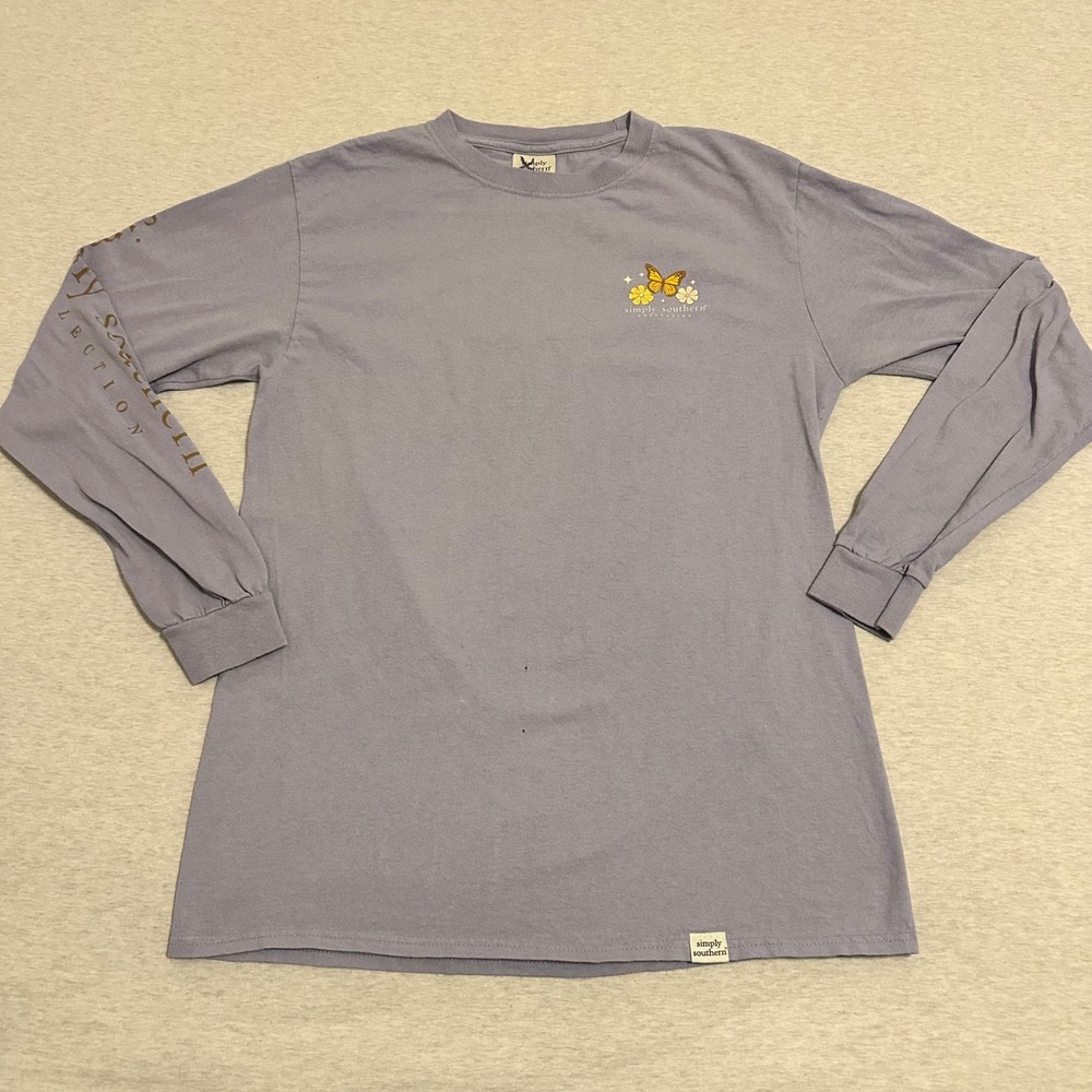 Simply Southern Purple Long Sleeve Shirt Butterfly Flowers‎ Faith Women's Medium